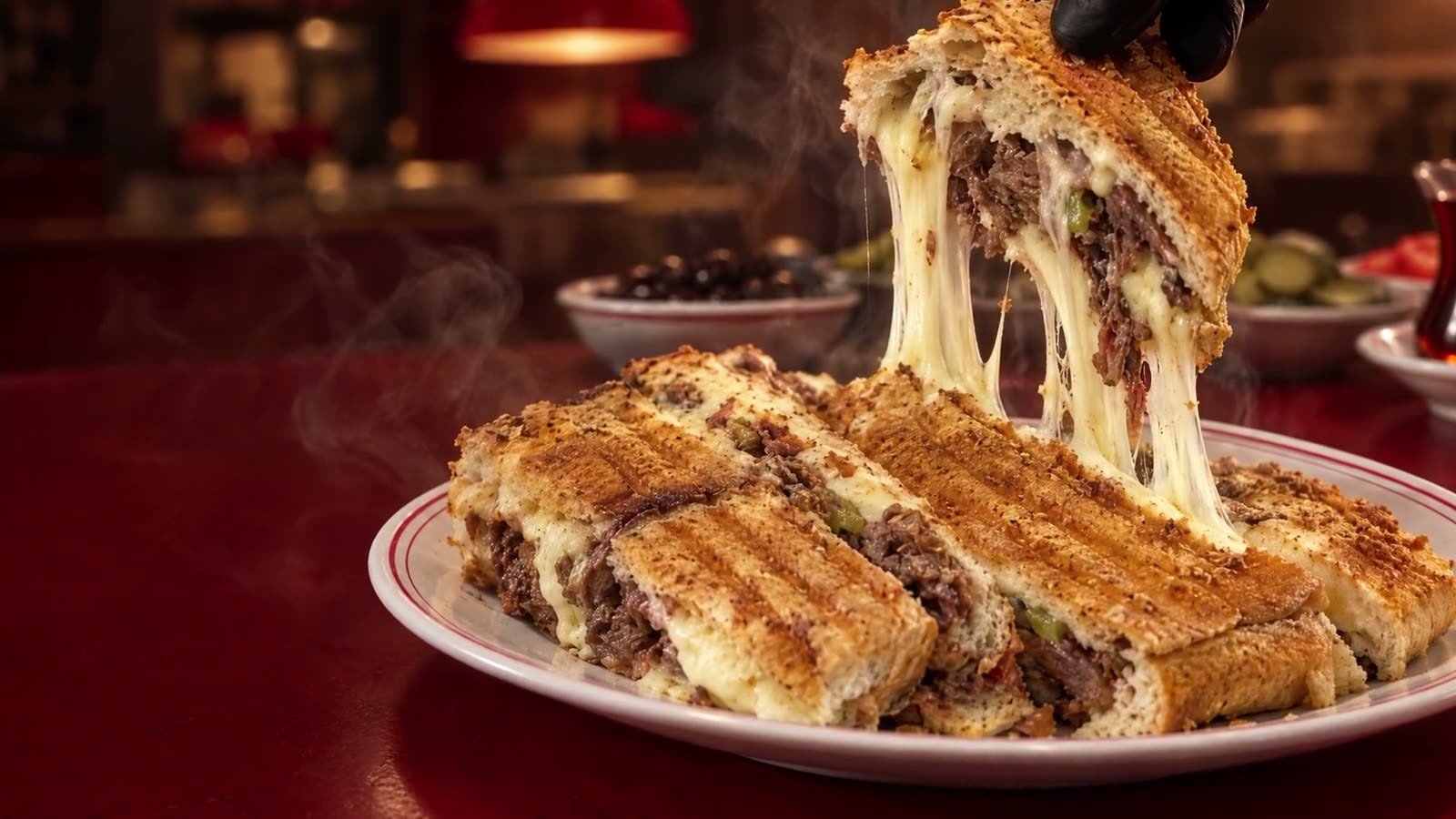 Siyah eldivenli el tost dilimini kaldırıyor, erimiş kaşar dilimle tabak arasında uzuyor.
